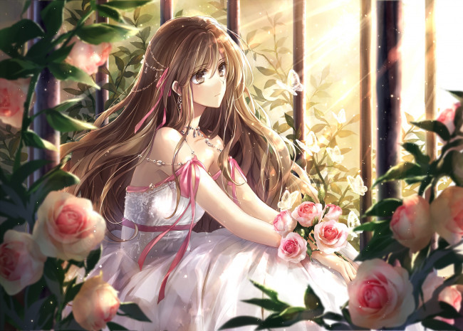 Обои картинки фото аниме, unknown,  другое, девушка, арт, розы, hagiwara, rin