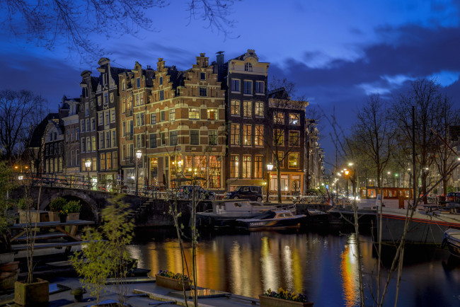 Обои картинки фото города, амстердам , нидерланды, ночь, огни