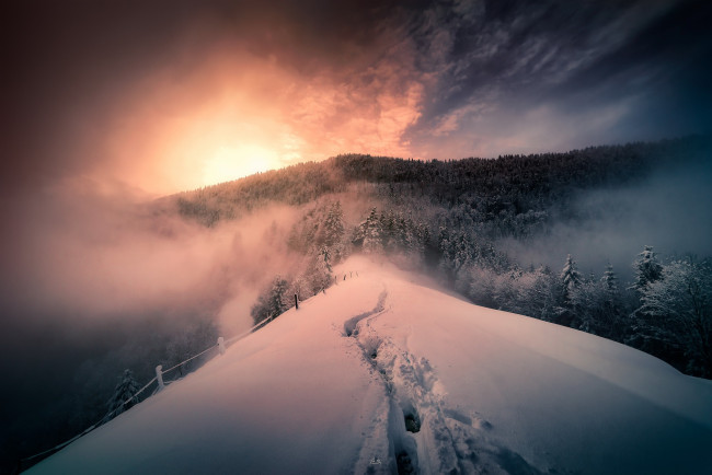 Обои картинки фото природа, восходы, закаты, туман, горы, зима