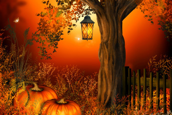 обоя 3д графика, праздники , holidays, тыквы, оранжевый, деревья, хэллоуин, огонёк, осень, жёлтый, листва, праздник, лампа
