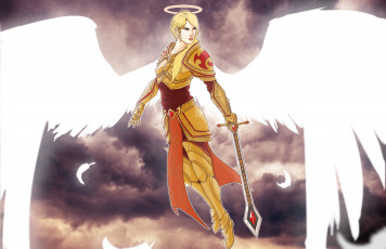 Картинка фэнтези ангелы меч латы крылья девушка фон