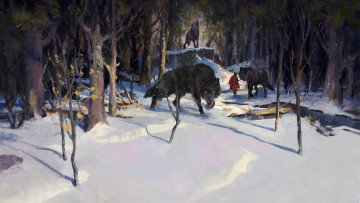 Картинка фэнтези красавицы+и+чудовища красная шапочка волк зима лес