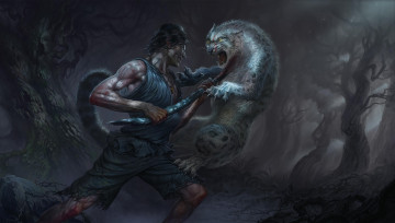 Картинка фэнтези люди мужчина человек битва сражение нападение барс кошка животное хищник лес когти пасть