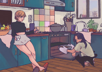 Картинка рисованное люди девушки кухня духовка