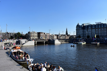обоя города, амстердам , нидерланды, канал, мост, лодки, гостиница