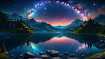 Картинка фэнтези иные+миры +иные+времена mirror lake dreamlike rainbow surreal ai art nature