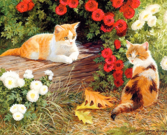 Обои картинки фото рисованное, животные,  коты, котята, цветы, бревно, листья