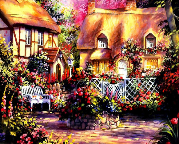 Обои картинки фото рисованное, jim mitchell, дома, цветы, двор, сад