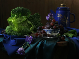 Картинка ира быкова натюрморт капустой синим кофейником еда