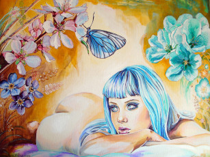 Картинка рисованные люди руки цветы бабочка синие волосы лицо взгляд девушка попа лежит christina papagianni