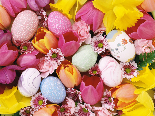 Обои картинки фото праздничные, пасха, цветы, тюльпаны, хризантемы, нарциссы, яйца, крашенки