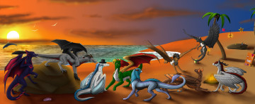 Картинка рисованное животные +сказочные +мифические драконы закат море