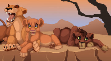 обоя рисованное, животные,  львы, скалы, львы