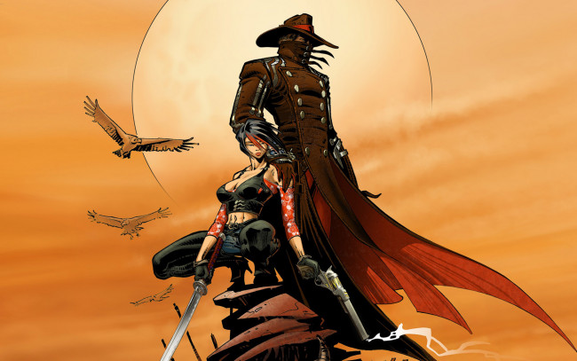 Обои картинки фото рисованное, комиксы, шинель, мужчина, скала, закат, птицы, орлы, шляпа, пистолет, меч, оружие, девушка