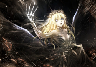 Картинка аниме ангелы +демоны цветы крылья венок девушка скелет ребра кости розы kriss sison арт