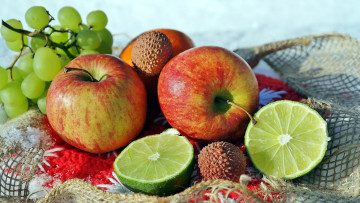 Картинка еда фрукты +ягоды виноград личи яблоки лайм