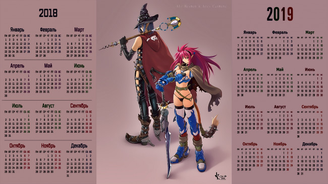 Обои картинки фото календари, аниме, двое, шляпа, девушка, существо, взгляд