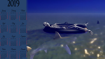 обоя календари, 3д-графика, скелет, акула, водоем, лодка