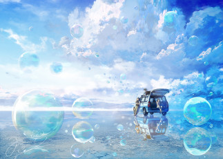 Картинка аниме оружие +техника +технологии облака мыльные пузыри люди машина