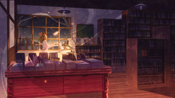 Картинка аниме город +улицы +интерьер +здания девушка кот попугай библиотека