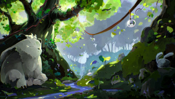 Картинка аниме животные +существа зайцы ручей лес