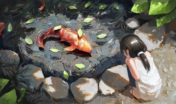 Картинка аниме животные +существа девочка пруд рыба