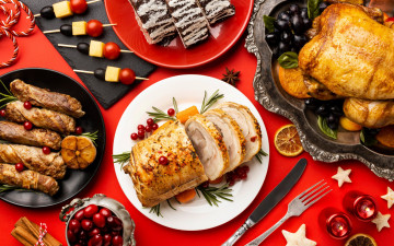 Картинка еда разное праздничный стол тарталетки курица мясной рулет
