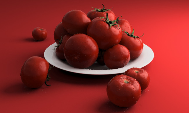 Обои картинки фото еда, помидоры, тарелка, томаты, спелые, капли