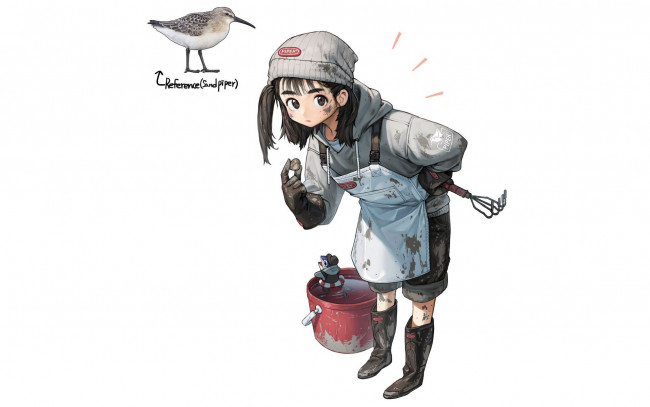 Обои картинки фото аниме, unknown,  другое , девушка, грязь, ведро, чайка