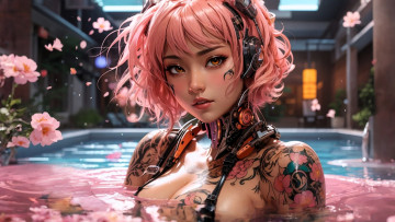 Картинка 3д+графика фантазия+ fantasy девушка киборг тату бассейн