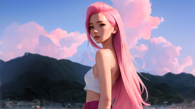 Обои картинки фото 3д графика, аниме , anime, девушка, розовые, волосы, горы