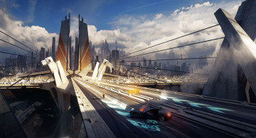 Картинка аниме weapon blood technology тучи огонь мост машина небо будущее мужчина город bastien+grivet горящая+машина