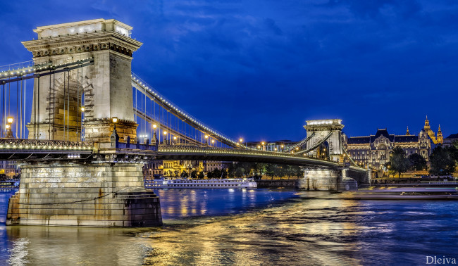 Обои картинки фото города, будапешт, венгрия, мост, ночь, река