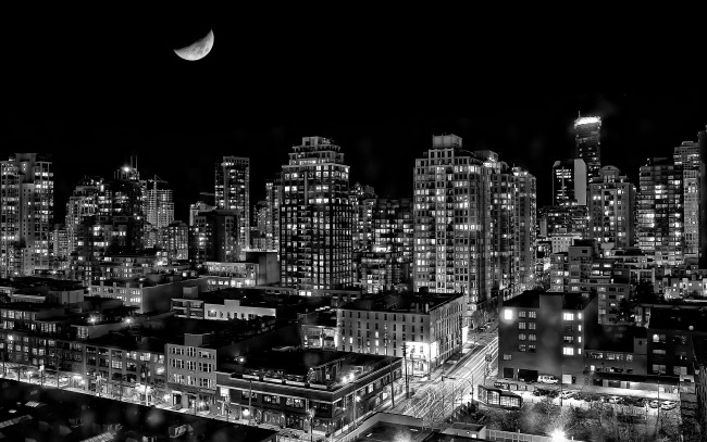Обои картинки фото города, ванкувер, канада, дома, луна, ночь, город, yaletown, vancouver, british, columbia