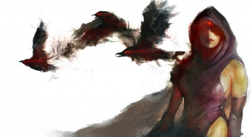 Картинка фэнтези девушки белый фон накидка капюшон вороны птицы арт девушка