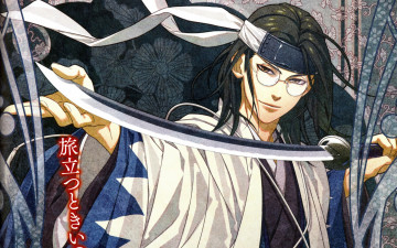 Картинка аниме hakuouki повязка самурай очки иероглифы shinsengumi kitan демоны бледной сакуры yone kazuki art кимоно keisuke sannan