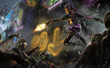 Картинка фэнтези девушки очки девушка ночь вывеска дождь город пистолет фантастика полиция cyberpunk шлем арт спецназ