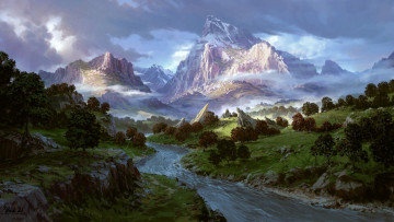 обоя рисованное, живопись, горы, река
