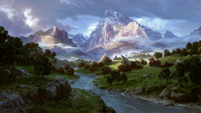 Обои картинки фото рисованное, живопись, горы, река
