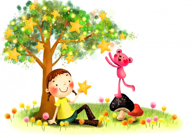Обои картинки фото рисованное, дети, девочка, мишка, дерево, грибы, звезды