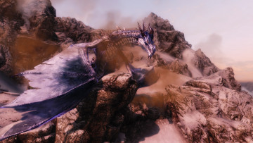 Картинка видео игры the elder scrolls skyrim горы дракон дымка