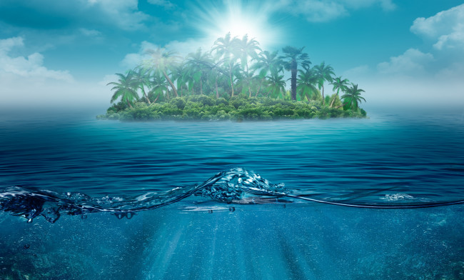 Обои картинки фото разное, компьютерный, дизайн, море, вода, остров, пальмы, тропики