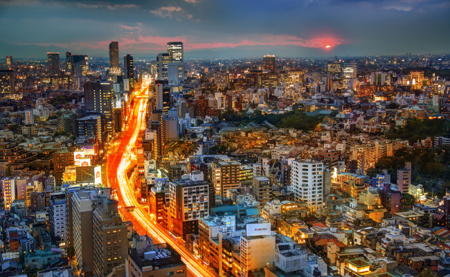 Обои картинки фото tokyo, japan, города, токио, Япония, дорога, здания, панорама, закат, ночной, город