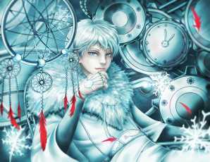 Картинка аниме -weapon +blood+&+technology арт снов ловушка парень белые волосы механизм перья