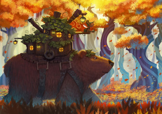 Картинка рисованные -+другое листья лес деревья домик фантазия медведь