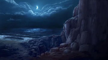 Картинка рисованные природа облака арт ночь месяц берег скалы море