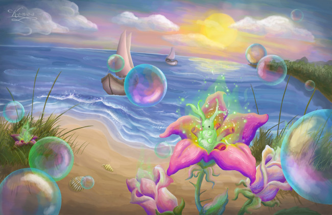 Обои картинки фото рисованные, - другое, море, лодка, пузырки, цвты, облака, песок, ракушки