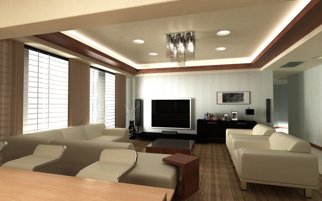 Обои картинки фото 3д графика, реализм , realism, комната, диван, кресла, окна, телевизор, светильник, тумбочка, интерьер, гостиная