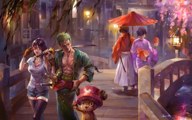 Обои картинки фото аниме, dragon ball, арт, город, девушка, парень, катана, прогулка, мост, сакура, зонт
