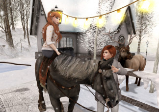 Картинка 3д+графика люди+и+животные+ people+and+animals девушки взгляд фон лошадь олень